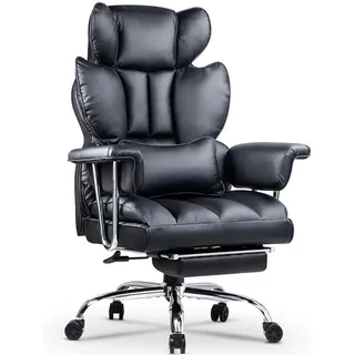 Rattantree Chefsessel ergonomisch, Leder, Fußstütze – Schwarz , Metall , 58x128x50 cm , Büromöbel, Bürostühle, Chefsessel