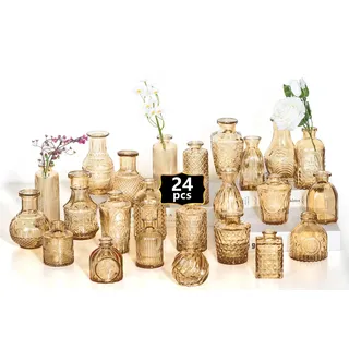 24 Mini Knospe Vase Glas Set als Hochzeit Mittelstücke für Tische, klare Vintage Vasen für Blumen, kleine Blumenvasen geeignet für tischdeko Geburtstag Party, Hochzeit, Baby-Dusche (24, Gold)
