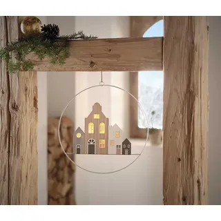 Dekohänger "Häuser" aus Holz, Metallring Ø 30 cm, mit LED Beleuchtung, Wanddeko, Fensterdeko - Weiß