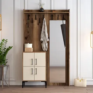 Skye Decor, Berlin BC - Walnut, Cream, Hallenstand, Nussbaum, 100 % MELAMINBESCHICHTETE SPANPLATTEN, 120 x 35 x 200 cm - Braun, Creme