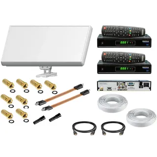 Sat Anlage 2 Teilnehmer Flachanenne D2 Antenne mit HD Receiver FTA Set  Kabel