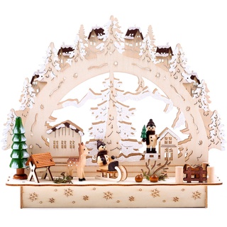 Brubaker LED Lichterbogen Schwibbogen Winterlandschaft mit Dorf - LED Beleuchtung - Holz 27,5 x 24,5 cm