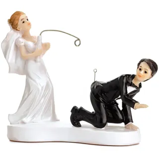 Tortenfigur Hochzeit 13cm - Brautpaar Figuren mit Angel - Hochzeitstorte Deko Tortendeko Tortenaufsatz Cake Topper - Hochzeitsdeko Torte - Hochzeitstortenfiguren Weiß Schwarz
