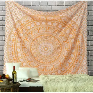RAJRANG Elefanten-Mandala-Wandteppich, Baumwolle, Wandbehang, Hippie-Wandteppich, Hippie-Strand-Überwurf, College-Wohnheim-Dekor, Bohemian-Boho-Bettlaken – Orange – Queen – 228,6 x 213,4 cm