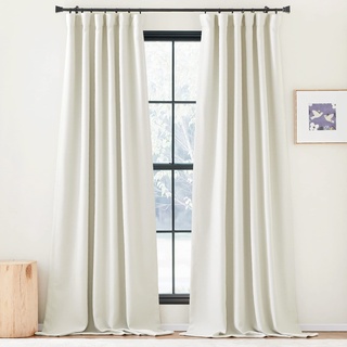 PONY DANCE Verdunklungsvorhänge Kräuselband Leinenoptik Gardienen 2-Set H 220 x B 140 cm Blickdichte Gardinen Landhausstil Wohnzimmer Vorhänge Weiß Blickdicht Curtains for Living Room, Elfenbeinweiß