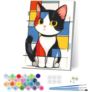 Katze Malen Nach Zahlen Erwachsene Kinder mit Rahmen, Malen nach Zahlen ab 5 6 7 9 10 Jahre Mädchen, Cartoon Paint by Numbers, DIY Leinwand Handgemalt Ölgemälde Set für Home Decor 20x30cm