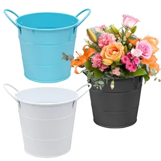 Mudoulu 3 Stück Mini Metalleimer Vintage mit Griff, Weißblech Blumentopf für Blumenarrangements, Eiskübel Pommes Frites Deko Eimer für Weihnachten Neujahr Party Hochzeit Garten Tischdeko