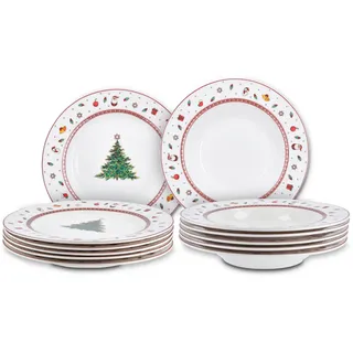 Peill+Putzler Germany Weihnachtsgeschirr,Tafelservice mit Weihnachtsmuster, 12-teiliges Geschirrset für Weihnachten, Bon China Porzellan in weiß für 6 Personen, mit Goldrand daher nur Handwäsche