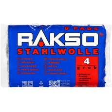 RAKSO Stahlwolle grob 4-8 Pads, entfernt Öl, Fett auf Metall, reinigt Natur, Kunststein, Anschleifen von altem Holz