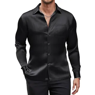 COOFANDY Herren Luxus Satin Kleid Hemd Glänzende Seide Langarm Button Up Shirts Hochzeit Hemd Party Abschlussball, Schwarz, L