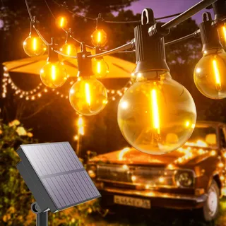 Kawaya Solar Lichterkette Außen 10M LED Lichterkette Aussen Solar Wiederaufladbar 5 Lichtmodi IP65 Wasserdicht mit G40 15+2 Glühbirnen Warmweiß Outdoor Balkon Lichterkette für Garten Terrasse