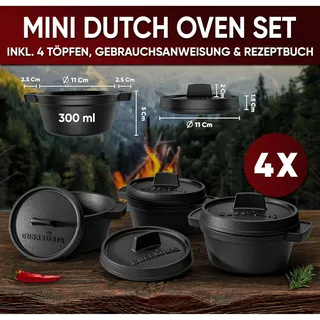 Mini Dutch Oven Feuertopf Schmortopf Set 4-teilig 300ml mit Griffen & Rezeptbuch