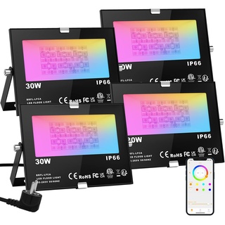 ChangM RGB LED Strahler 30W Fluter Außen Strahler 4 Pack Bluetooth APP-Steuerung 16 million Farben Smart LED Flutlichtstrahler, IP66 Außenstrahler Wasserdicht LED Flutlicht, Garten Stimmungslichter