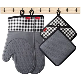 Ankway Ofenhandschuhe Topfhandschuhe 4er Set Hitzebeständige Backhandschuhe,weiche Baumwolle,Lange Flexible Dicke silikon Kochhandschuhe Kochen Backen Grillen,ASI010-P,Grau,Topflappen Silikon