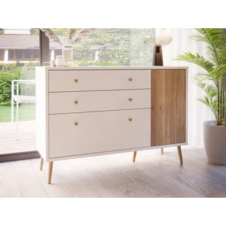 Forte HARLLSON, einfache Montage Dank EasyKlix by Kommode Weiß mit Holzdekor: Mauvella Eiche, 120 130, Sideboard, 2 Schubladen 2 Türen, Modern Mid Century, 125 cm breit x 86 cm hoch x 41 cm tief