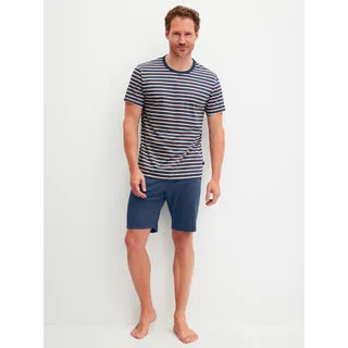 Pyjama CALIDA "Relax Streamline 1", Damen, Gr. L (52/54), 366, blau, Interlock, Obermaterial: 100% Baumwolle, bequem kurz, Rundhals, Homewear-Sets Pyjama, mit Rundhalsausschnitt und kurzem Arm, weich, Interlock Qualität