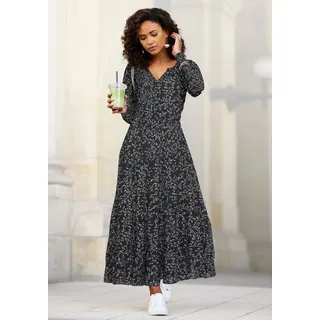 Maxikleid LASCANA, Damen, Gr. 40, N-Gr, beige (schwarz, creme, bedruckt), Web, Obermaterial: 100% Viskose, bedruckt, geblümt, figurumspielend knöchelfrei, V-Ausschnitt, mit Gummizug, Kleider Maxikleid, mit Blumenprint und Volants, locker bequemer Look, Topseller