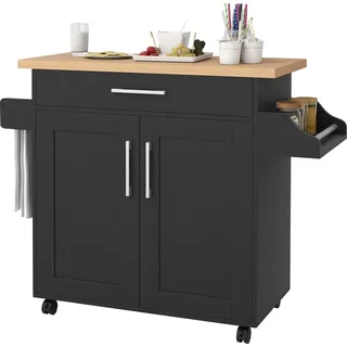 COSTWAY Küchenwagen, Kücheninsel auf Rollen, Servierwagen Holz mit Schublade, Handtuchhalter, Gewürzboard&Verstellbarer Ablage, Küchenschrank Schwarz - Schwarz