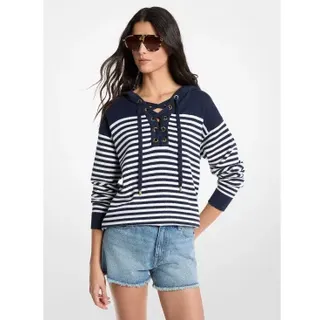 Michael Kors für Damen. MS661G2KWR Gestreiftes Wollsweatshirt mit Kapuze und blauen Kordelzügen (L), Lässig, Wolle