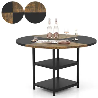 FANTASK φ 120cm Esstisch für 4-6 Personen, Runder Küchentisch mit Metallrahmen & 2 Offenen Ablagen, Holztisch zweifarbig, Esszimmertisch Retro für Esszimmer, Wohnzimmer & Büro