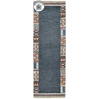 Läufer THEKO "Nuno, reine Wolle, Handgefertigt, mit Bordüre" Gr. 11, blau (dunkelblau), B:70cm H:14mm L:240cm, Wolle, Teppiche, Läufer, handgetuftet, Brücke, Wohnzimmer, Schlafzimmer, Esszimmer