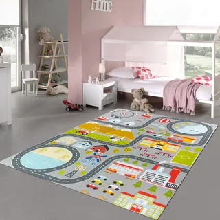 Teppich-Traum Kinderteppich Stadtmotiv Straßen Häuser Grau Ø 120 cm | Pflegeleicht, rutschfest, strapazierfähig, hautsympathisch und schadstofffrei, mit Straßen, Häusern, Parks und Verkehr