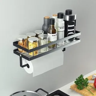 Famanu Kräuterregal für die Wand - 35 cm - Küchenrollenhalter und 4 Haken - Schwarz - Ohne Bohren - Bunt
