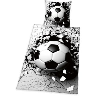 Herding 3D Effekt Bettwäsche-Set, Fußball, Kopfkissenbezug 70 x 90 cm, Bettbezug 140 x 200 cm, Mit leichtläufigem Reißverschluss, 100% Baumwolle/Renforcé, Grau/Weiß