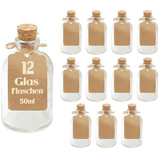 casavetro 12 x 50 ml kleine Glas-Fläschchen mit Kork Deckel, Glasflaschen für Hochzeit Geschenke set Gastgeschenke (12 Stück-inkl.alles)