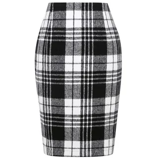 Kinghua Damen-Bleistiftrock aus Wolle, kariert, für Herbst und Winter, hohe Taille, Schlitz, figurbetont, Knielang, Midirock, Schwarz Weiß, Mittel