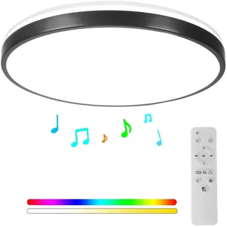Horevo 24W Bluetooth Deckenleuchte mit Lautsprecher 30CM, Musik LED Deckenleuchte mit Schwarzer Lünette und Fernbedienung, Dimmbar RGB Farbwechsel für Kinderzimmer Badezimmer (Schwarz)