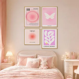 CAIJ Aesthetic Poster Set – 16er Rosa Wandbilder & Kunstdrucke für Clean Girl Zimmer Deko, Ästhetische Wanddeko für Wohnzimmer, Aesthetic Room Decor für Mädchen