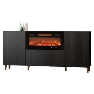 Mirjan24 Kommode Pafos 180 mit Kamin, Stilvoll Schlafzimmer Kollektion, Highboard, Modern Sideboard (Farbe: Schwarz / Gold Füße, mit Kamin Schwarz) - Schwarz, Gold