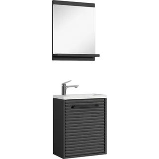 Badplaats Gäste-WC Waschtisch Set Etna 40 x 22 cm Schwarz Matt - Platzsparend Badmöbel Set mit Waschbecken, Unterschrank und Spiegel - Schwarz