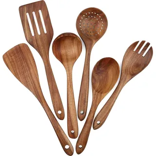 Kochutensilien-Set aus Holz, 6-teilig, Küchenhelfer-Set für antihaftbeschichtetes Kochgeschirr, Pfannenwender, Gabel, Schlitz-Pfannenwender, Suppenlöffel, Schöpflöffel