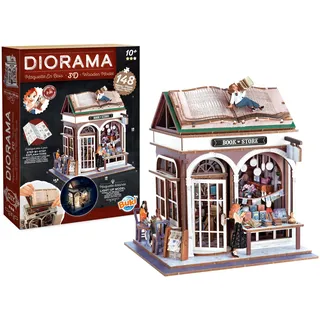 Diorama Buchhandlung – Modellbau Buchhandlung Miniatur aus Holz mit LED – Diorama DIY 148 Teile – Bausatz Dekoration Schlafzimmer – ab 10 Jahren – 14,5 x 16 x 18 cm – BUKI Frankreich – 68074