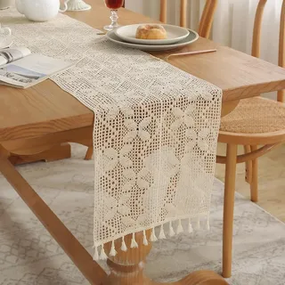meioro Gehäkelte Tischläufer, 30x140cm Spitze Boho Tischwäsche Klassische Beige Hochzeit Tischdecke Vintage Tassel Tischdeko für Küche Essen Urlaub Party Dekoration Tablerunner(Stil-D)
