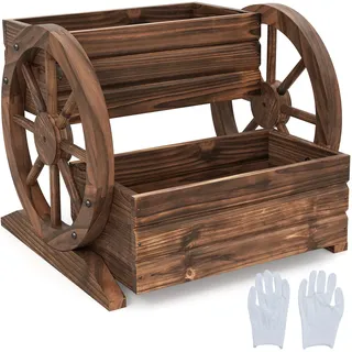 FANTASK dekorativer Holzwagen, Pflanzkasten Holz mit Wagenrad, Blumenkasten mit 2 Etagen & Ablauflöchern, rustikal Blumenbeet, Garten Deko für Terrasse Balkon Garten (Braun)