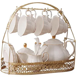 fanquare 15 Stück Einfaches Weißes Englisches Keramik Teeservice, Teekanne, Tassen aus Knochen Porzellan für Erwachsene, Passende Löffel, Nachmittags Tee-Set Kaffeeservice