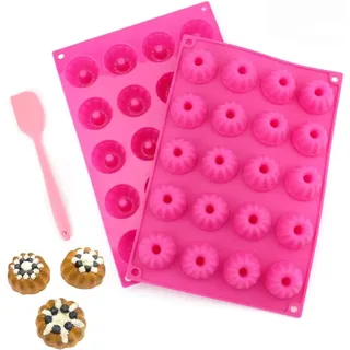 Tebery 2 Stück Mini Gugelhupfform - Silikon Gugelhupf Kuchenform Klein Traditioneller Paris Savarin Stil 20er mit Antihaftbeschichtung 30x20x2.3cm, Rosa