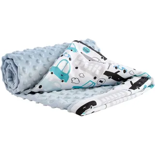 Medi Partners Krabbeldecke 100% Baumwolle 75x100cm doppelseitig multifunktional Minky Kuscheldecke für Kinderwagen weich flauschig (Cars mit hellblau Minky)