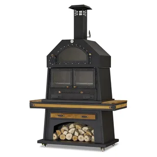 Eleganter schwarzer Grillkamin aus Holz und Edelstahl - Schwarz