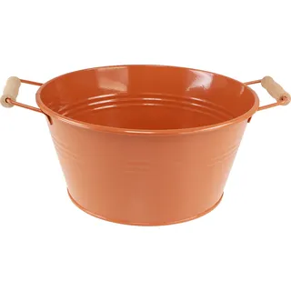 Metall Deko Schale Orangebraun mit Holzgriffen Vintage Ø29cm H14,5cm Pflanzschale Übertopf - Orange