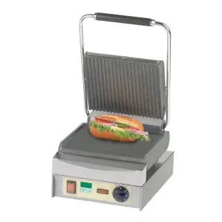 Neumärker Manufaktur Kontaktgrill Panini Master, Zuverlässiger Grill mit Digitaltimer und massiven Graugussplatten, oben geriffelt + unten glatt