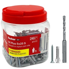 Fischer Propack SX Plus 5 S, 240 Dübel 5 x 25 cm, mit Schraube + SDS-Bohrer, 5 mm, wiederverwendbar, zur Befestigung an Beton und Mauerwerk, 570205, grau