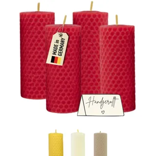 Wachsmann Stumpenkerzen rot – 100% Bienenwachs - Weihnachten & Geschenk - handgerollt, Made in Germany – 4er-Set Bienenwachskerzen (4×10 cm, 6 Stunden Brenndauer)
