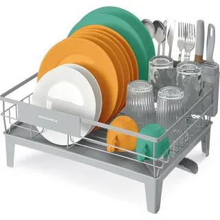 Abtropfgestell Geschirr, Geschirr-Abtropfständer, 360° drehbarer und ausziehbarer Ablauf, Abtropfschale, Besteckhalter, Küche, 31 x 42 x 18,5 - Grau