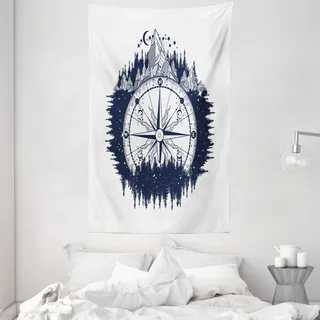 ABAKUHAUS Northwoods Wandteppich und Tagesdecke, Compass Nachtwald aus Weiches Mikrofaser Stoff Waschbar ohne Verblassen Digitaldruck, 140 x 230 cm, Dunkelblau und Kokosnuss - Braun