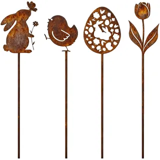 QijAOPD Osterdeko Outdoor Gartenstecker Ostern 4er Set, Metall Blumenstecker Mit Hase Küken Blume & Ei, Gartendeko Frühling Für Balkon Garten Outdoor, Ca. 30 cm, Ostern Deko