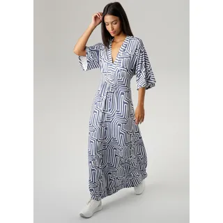 Sommerkleid ANISTON SELECTED, Damen, Gr. 46, N-Gr, blau (jeansblau, weiß), Single Jersey, Obermaterial: 95% Viskose, 5% Elasthan, bedruckt, gemustert, lässig geschnitten lang, V-Ausschnitt, weit, Kleider Sommerkleid, mit grafischem Druck in Jeansfarbe, Topseller